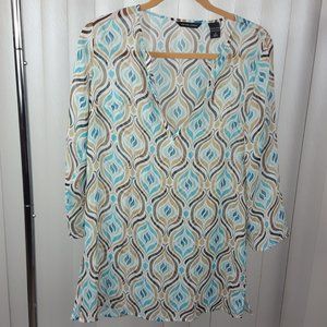 New York & Co. Sheer Tunic Size S Green/Brown Geometric Shirt Blouse